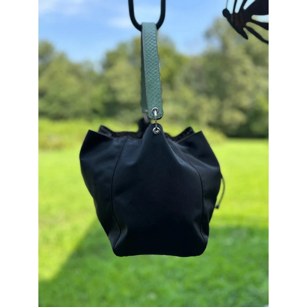 Kate Spade Drawstring Shoulder or Tote Bag Black Green Trim Nylon Like New!